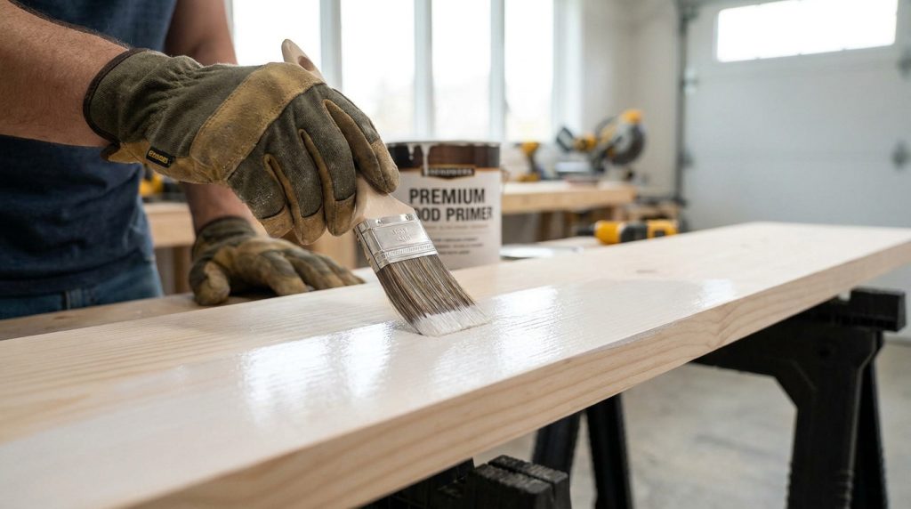 Une personne avec des gants applique une sous-couche blanche sur une planche en bois avec un pinceau dans un atelier.