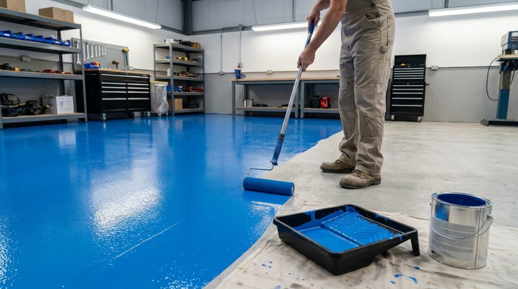 Ouvrier peignant un sol de garage avec un rouleau et de la peinture époxy bleue.
