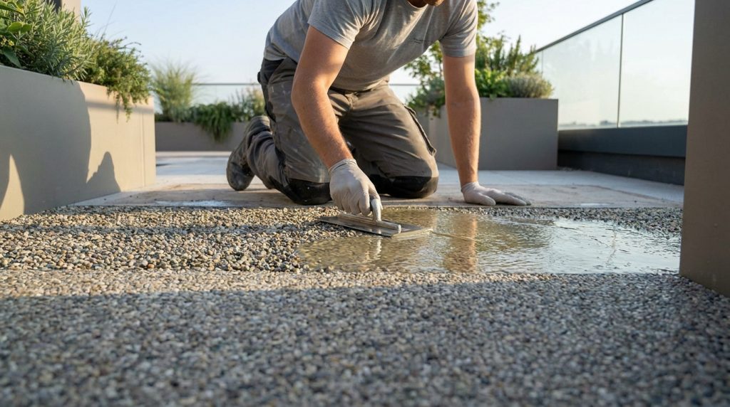 Un artisan professionnel applique une résine de sol drainant avec une truelle sur une terrasse en graviers.
