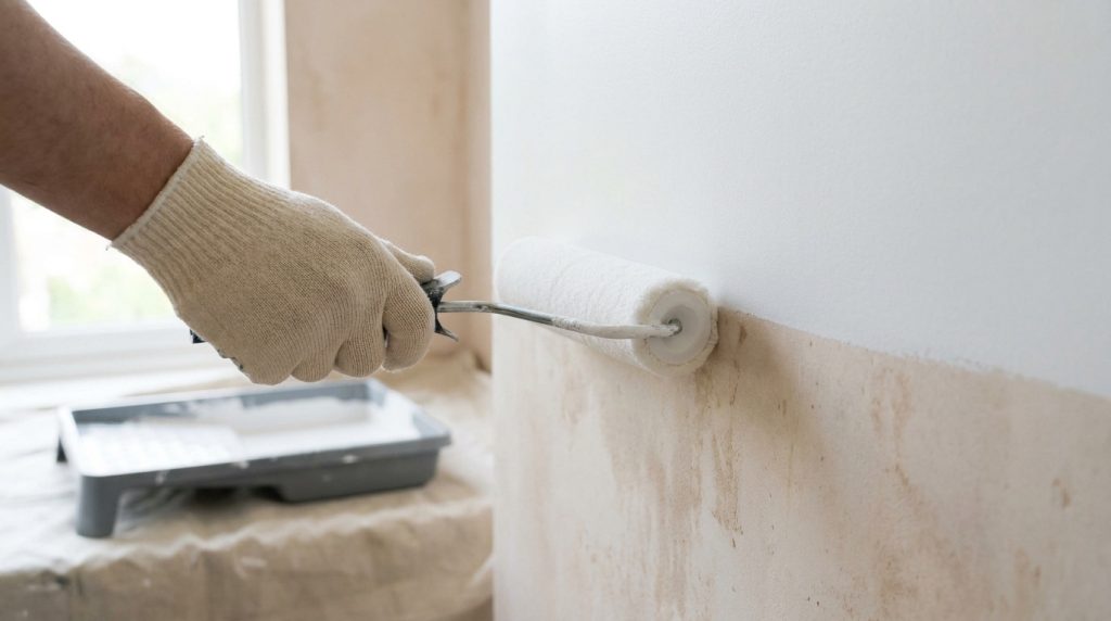 Une main gantée utilisant un rouleau pour appliquer une sous-couche de peinture blanche sur un mur beige.