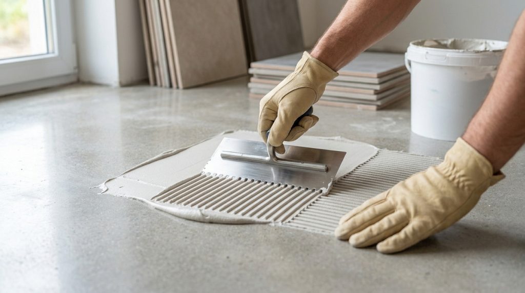Un artisan utilisant une spatule crantée pour étaler de la colle à carrelage sur une surface en béton.