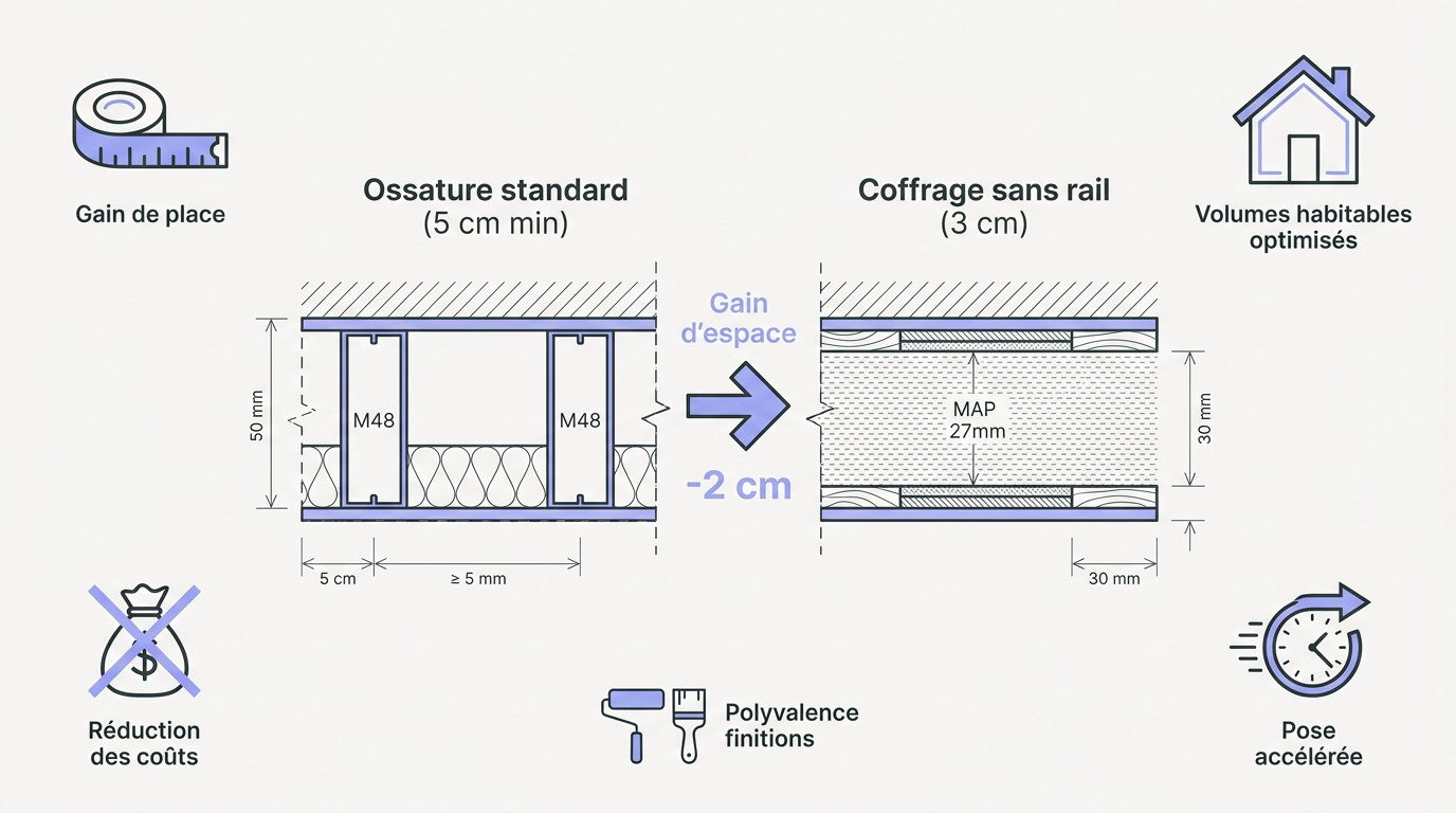 Coffrage placo sans rail permettant un gain d'espace en rénovation
