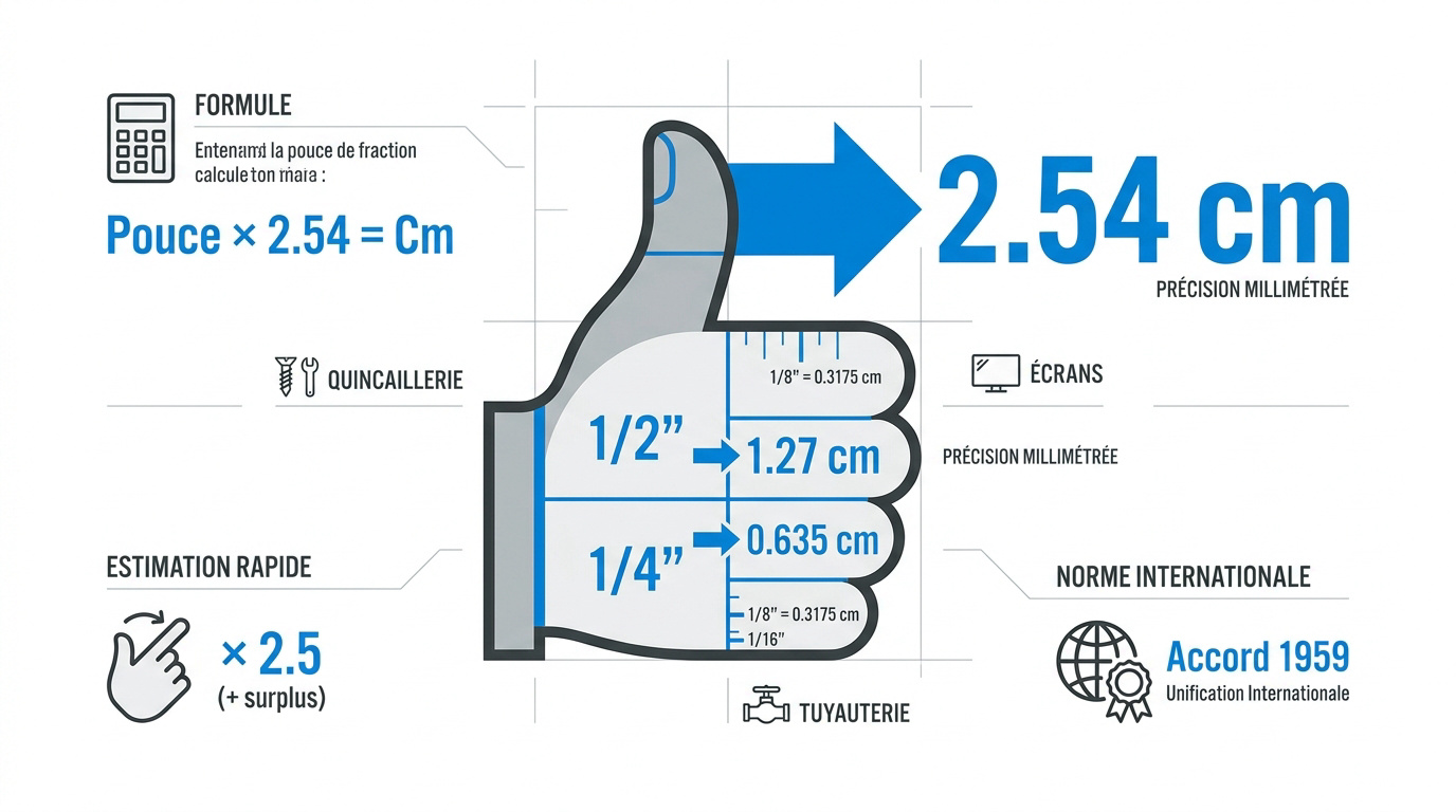 Infographie didactique expliquant la conversion des pouces en centimètres pour les professionnels