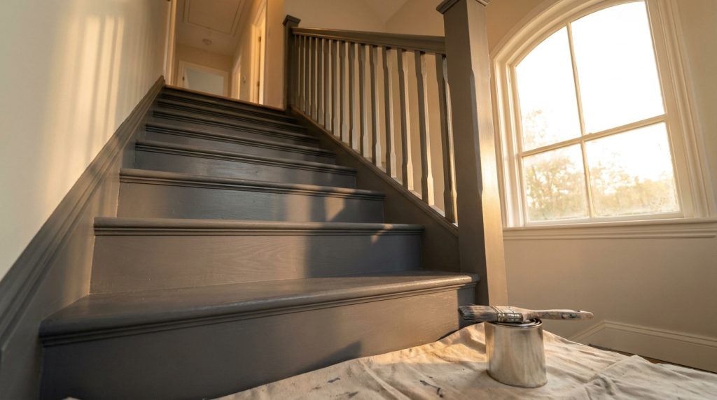 Escalier en bois peint en gris foncé avec un pinceau et un pot de peinture posés au pied des marches.