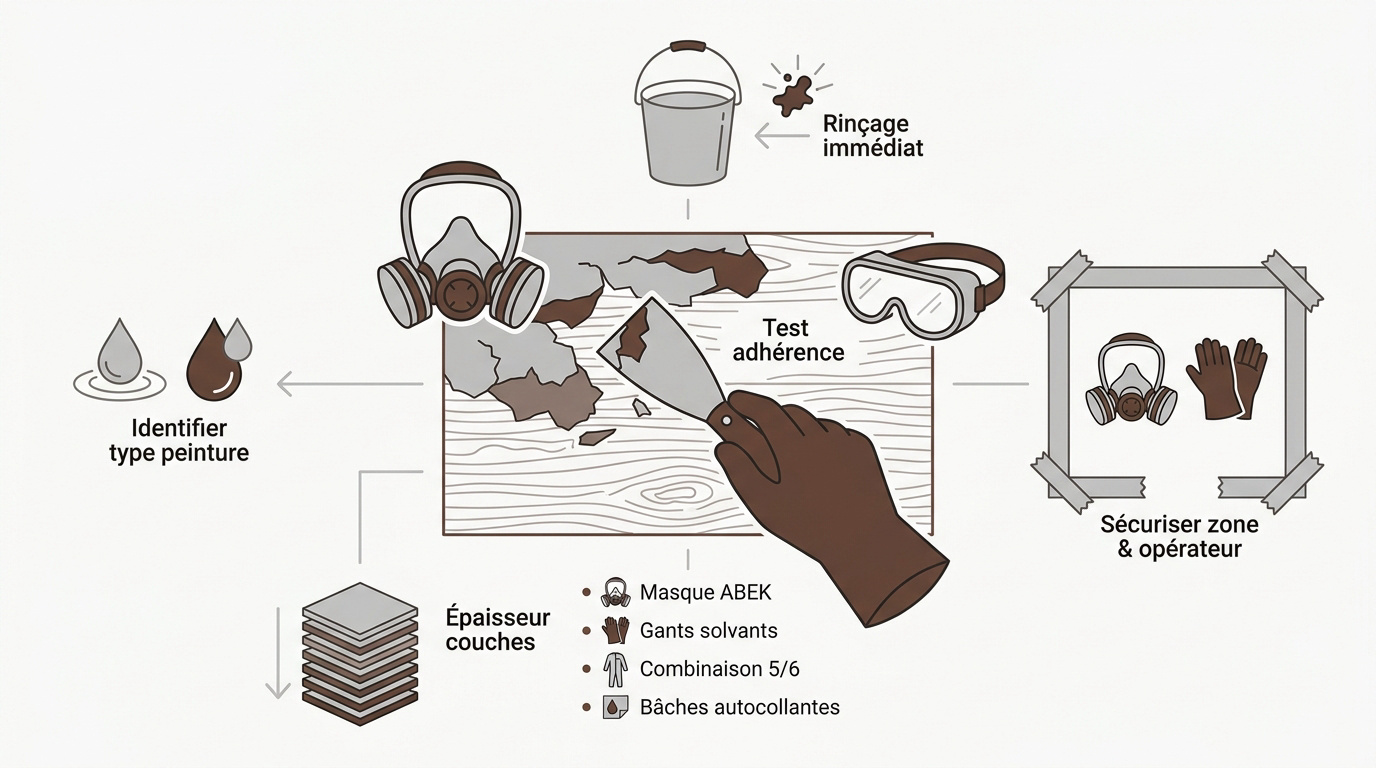 Infographie sur le diagnostic de la peinture bois et les règles de sécurité pour le décapage