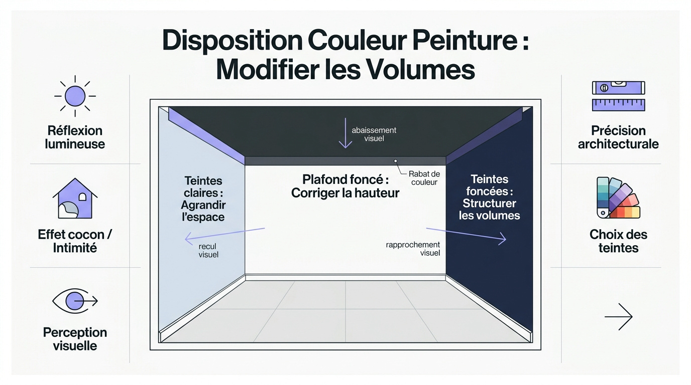 Infographie technique expliquant comment modifier les volumes d'une pièce avec la disposition des couleurs de peinture
