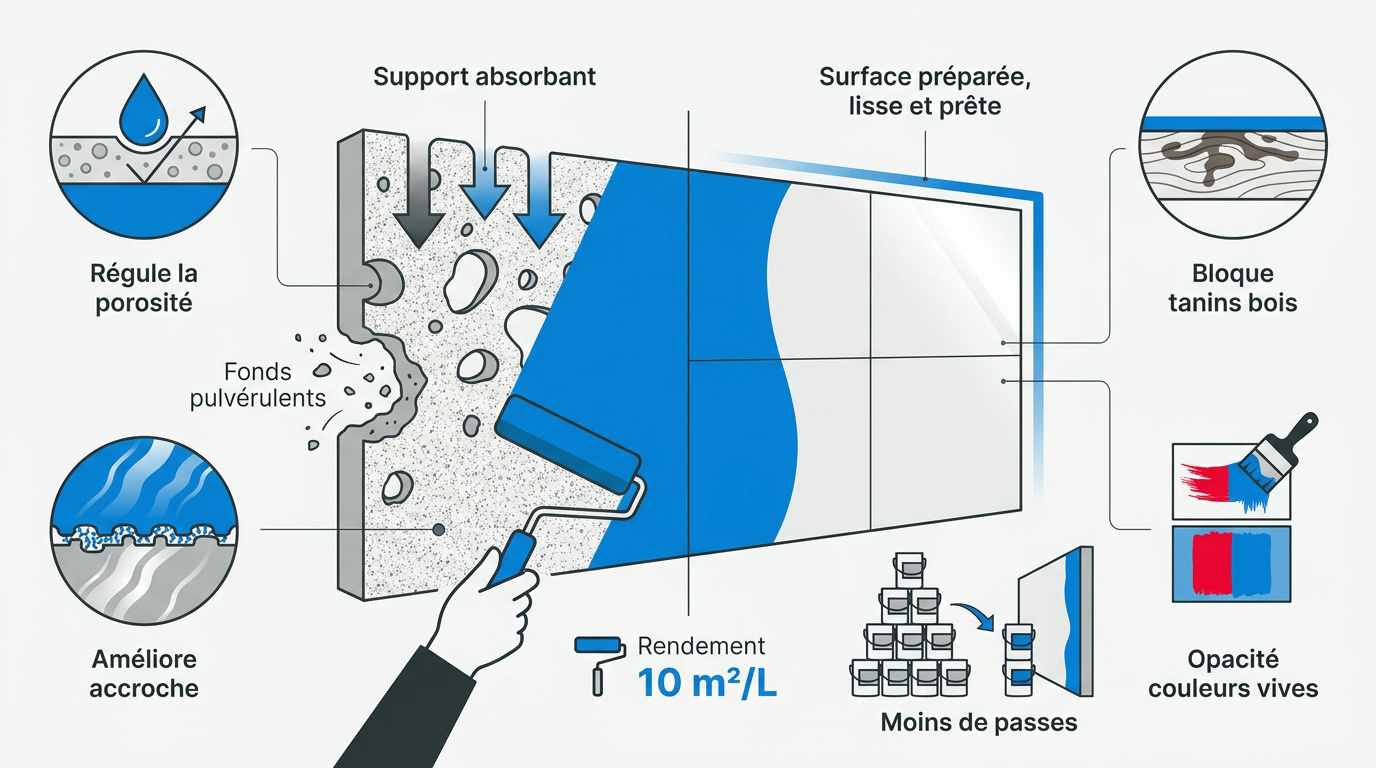 Application d'une sous-couche blanche sur un mur en plâtre pour uniformiser le support