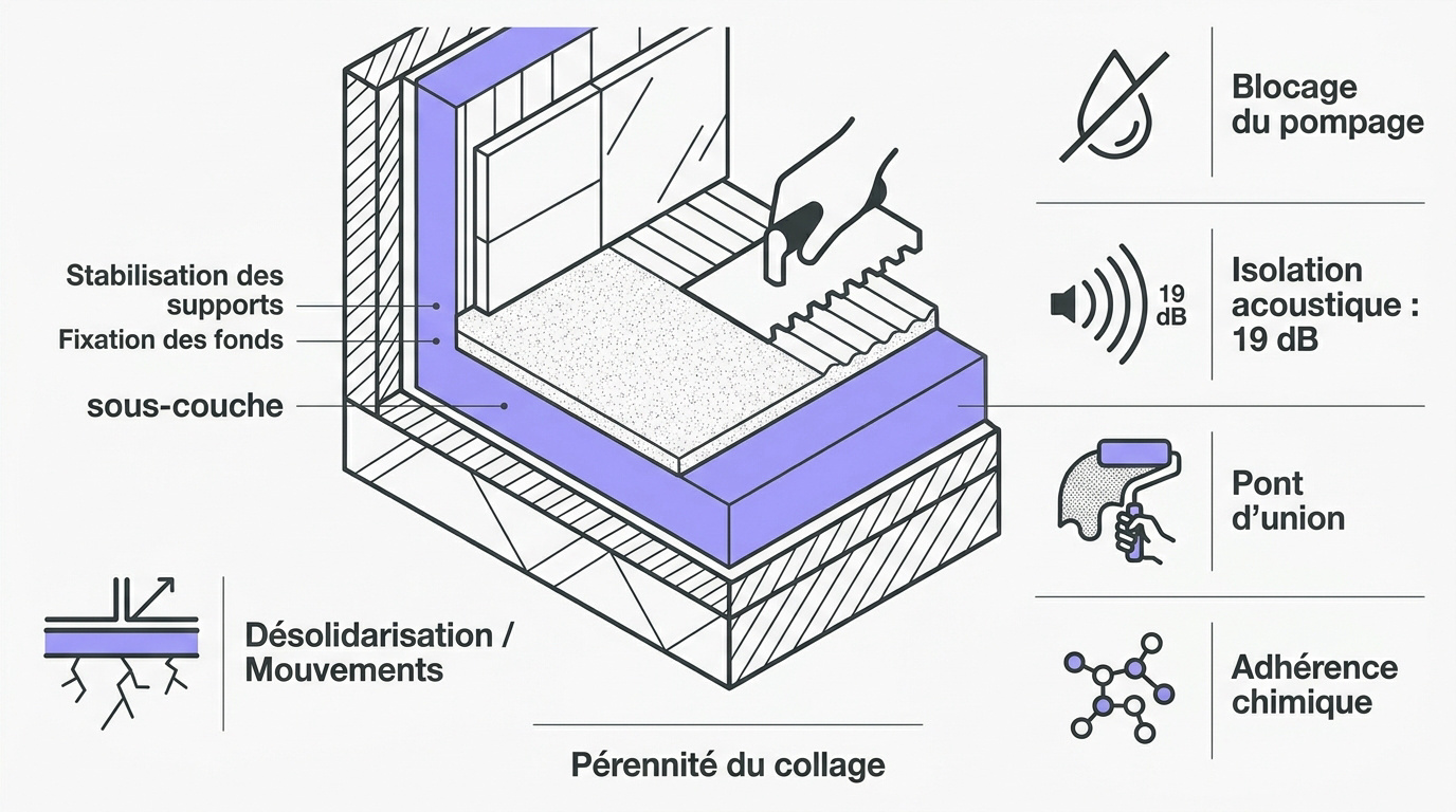 Application d'un primaire d'accrochage au rouleau avant la pose de carrelage