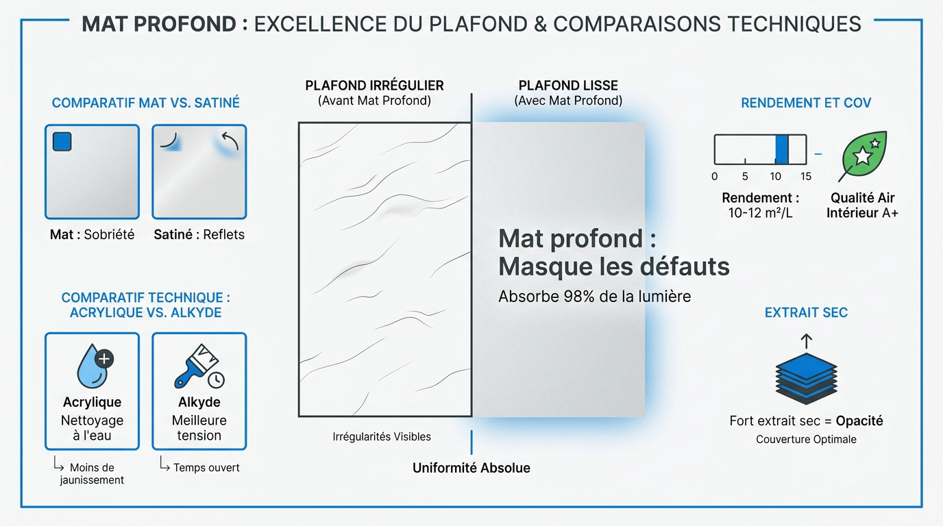Comparaison technique entre finition mate et satinée pour plafond