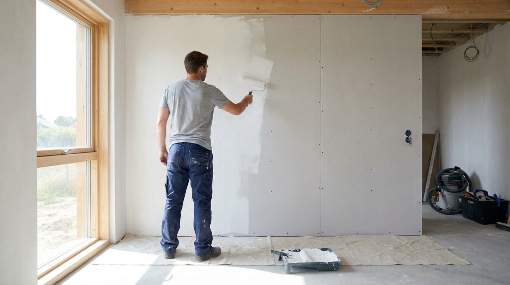 Un homme en tenue de travail applique de la peinture blanche au rouleau sur un mur en plaques de plâtre.