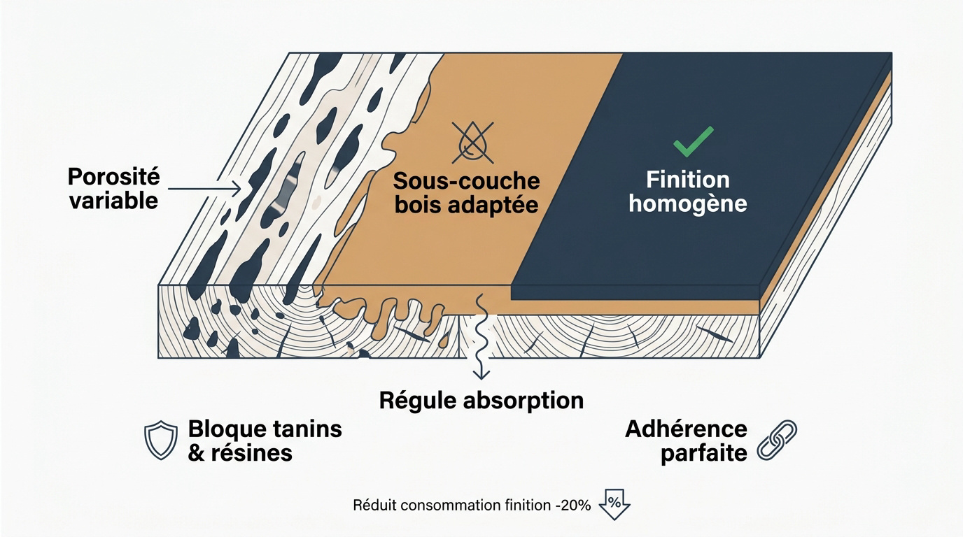 Application d'une sous-couche sur bois brut pour bloquer les tanins et uniformiser le support avant finition
