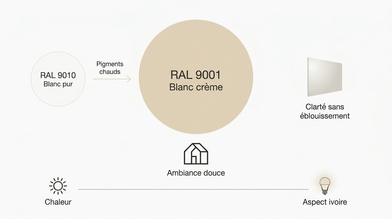 Nuancier RAL 9001 blanc crème appliqué sur un mur intérieur