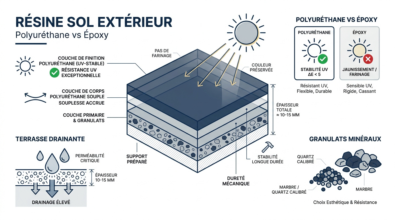 Comparaison visuelle entre résine polyuréthane et époxy pour sol extérieur