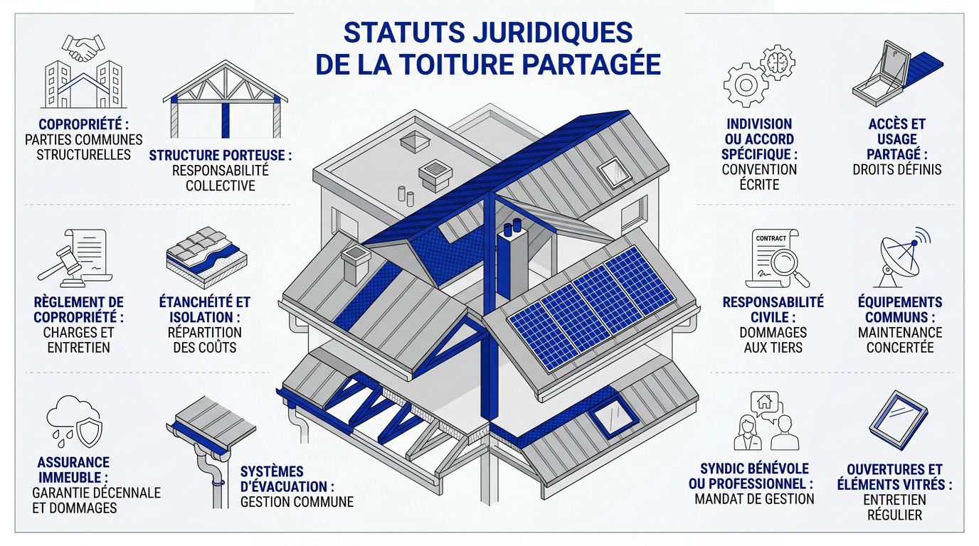 Schéma technique d'une toiture commune en mitoyenneté sans copropriété