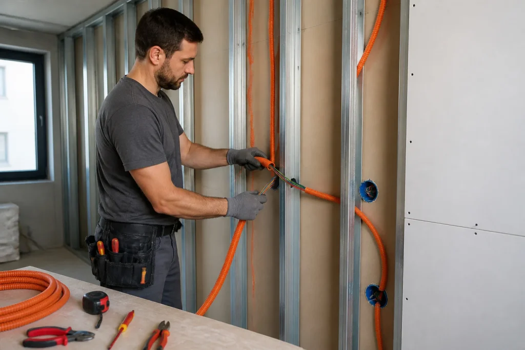 Electricien installant un conduit electrique